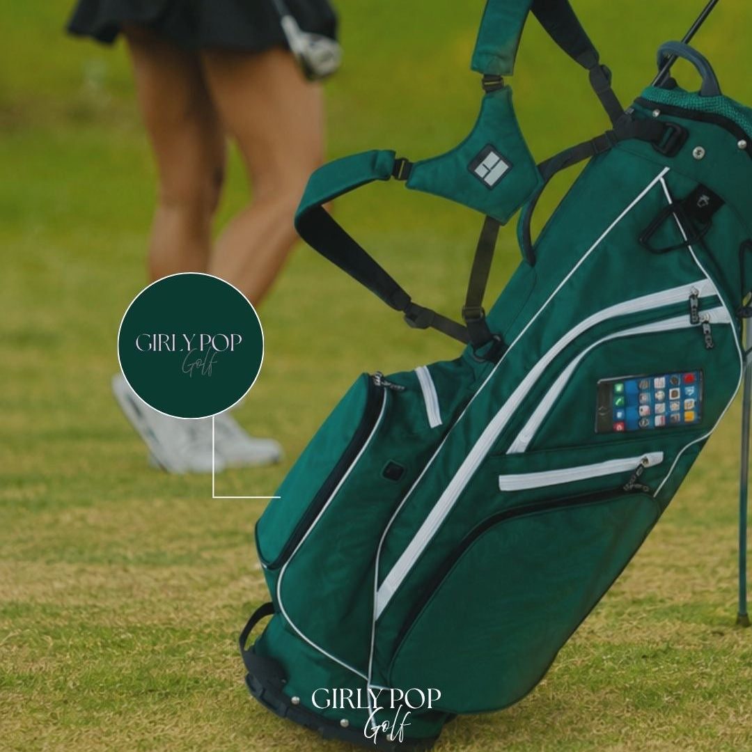 The emerald stand bag standing on the fairway mid round.