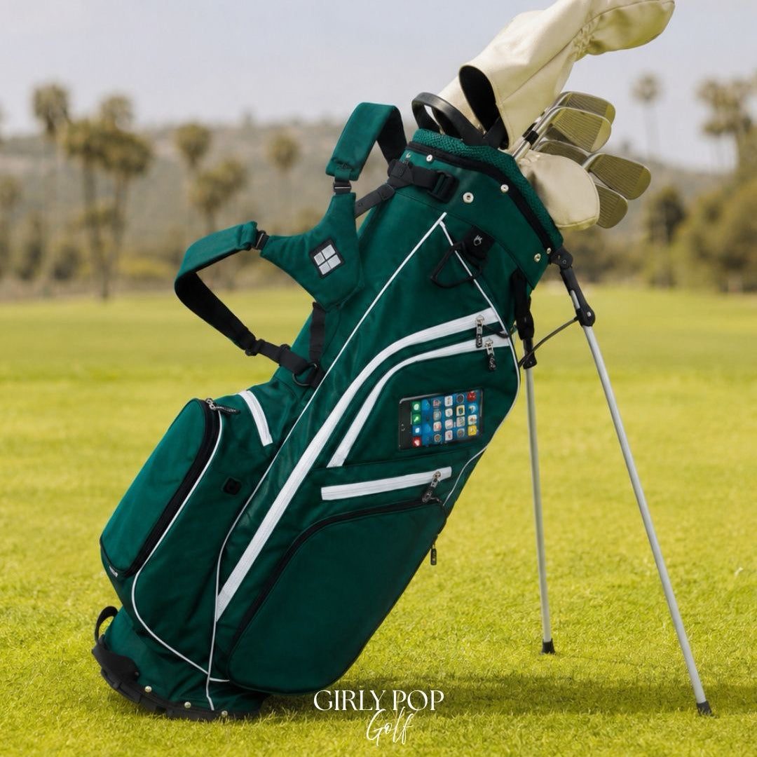 The Girly Pop Golf stand bag in emerald green, legs out, seen from the front.