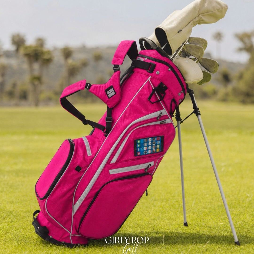 The Girly Pop Golf stand bag in hot pink, legs out, seen from the front.